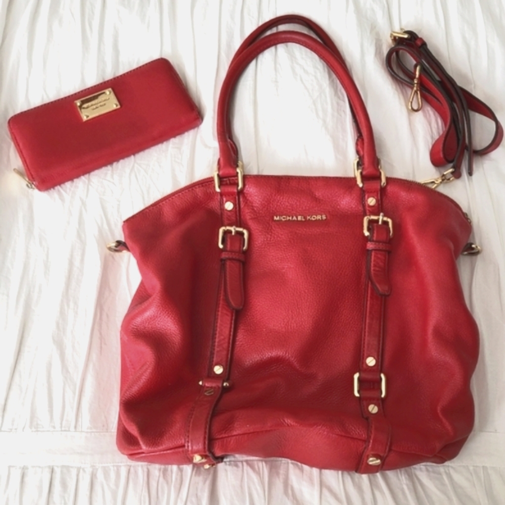 Michael Kors Red Leather Bowling Convertible Satchel & Zip Around Wallet
